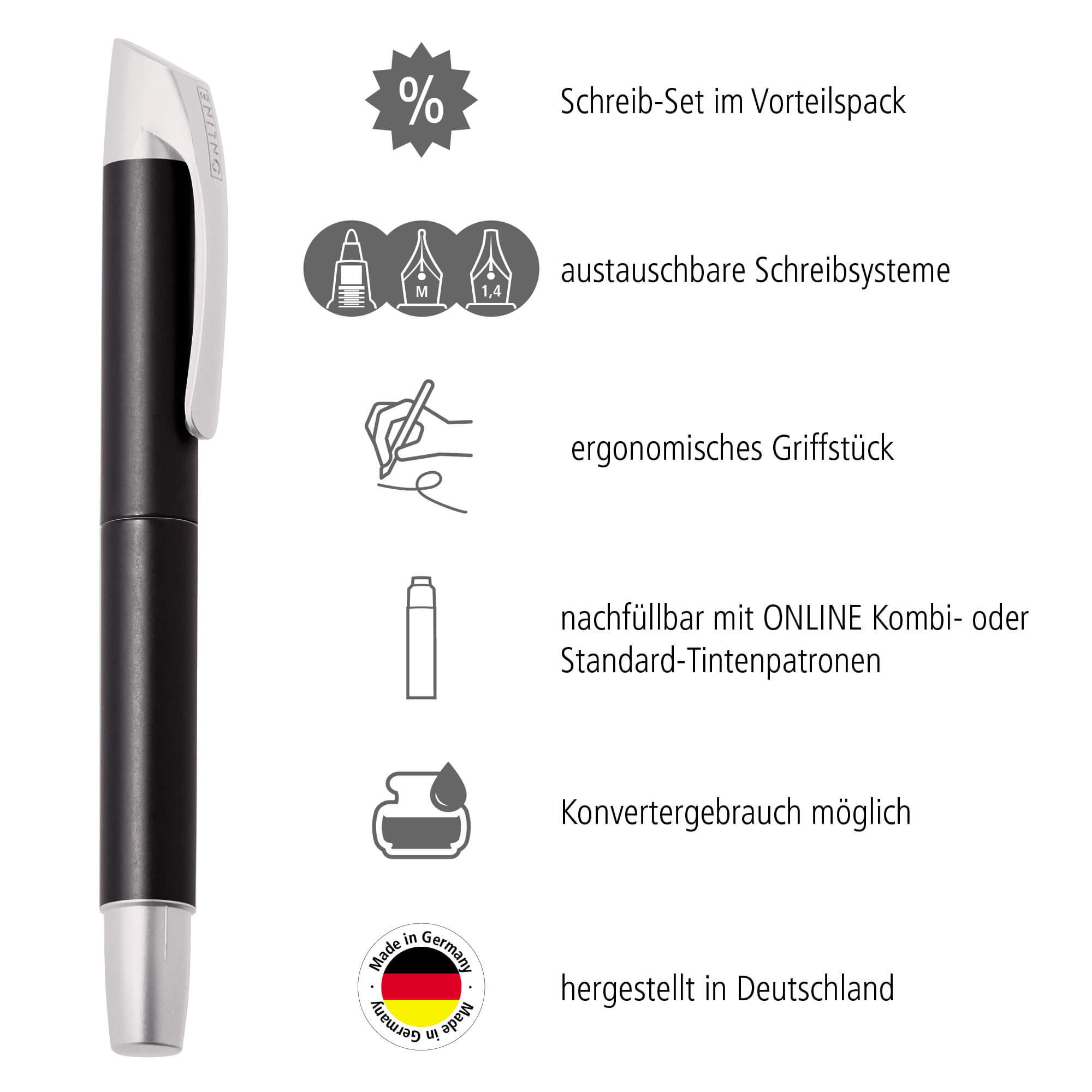 Schreib-Set im Vorteilspack mit austauschbarem Schreibsystem und ergonomischen Griffstücken