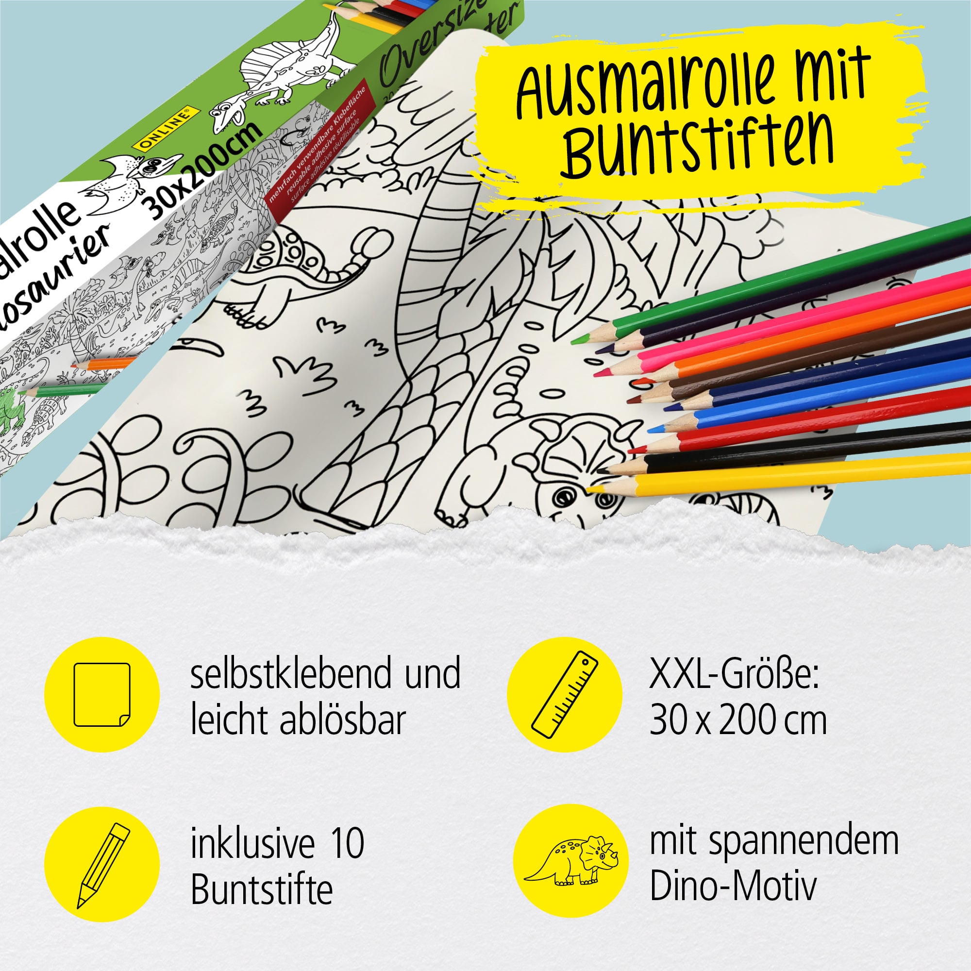 Buntstifte & Malrolle für Kinder zum Ausmalen, 30 x 200 cm, Selbstklebende Zeichenrolle mit Dino-Motiv