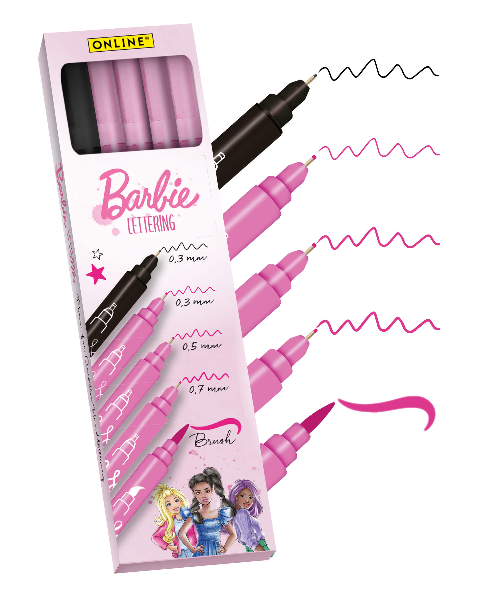 Barbie Pink Lettering Set, 5 Stifte, Fineliner und Brush Pen