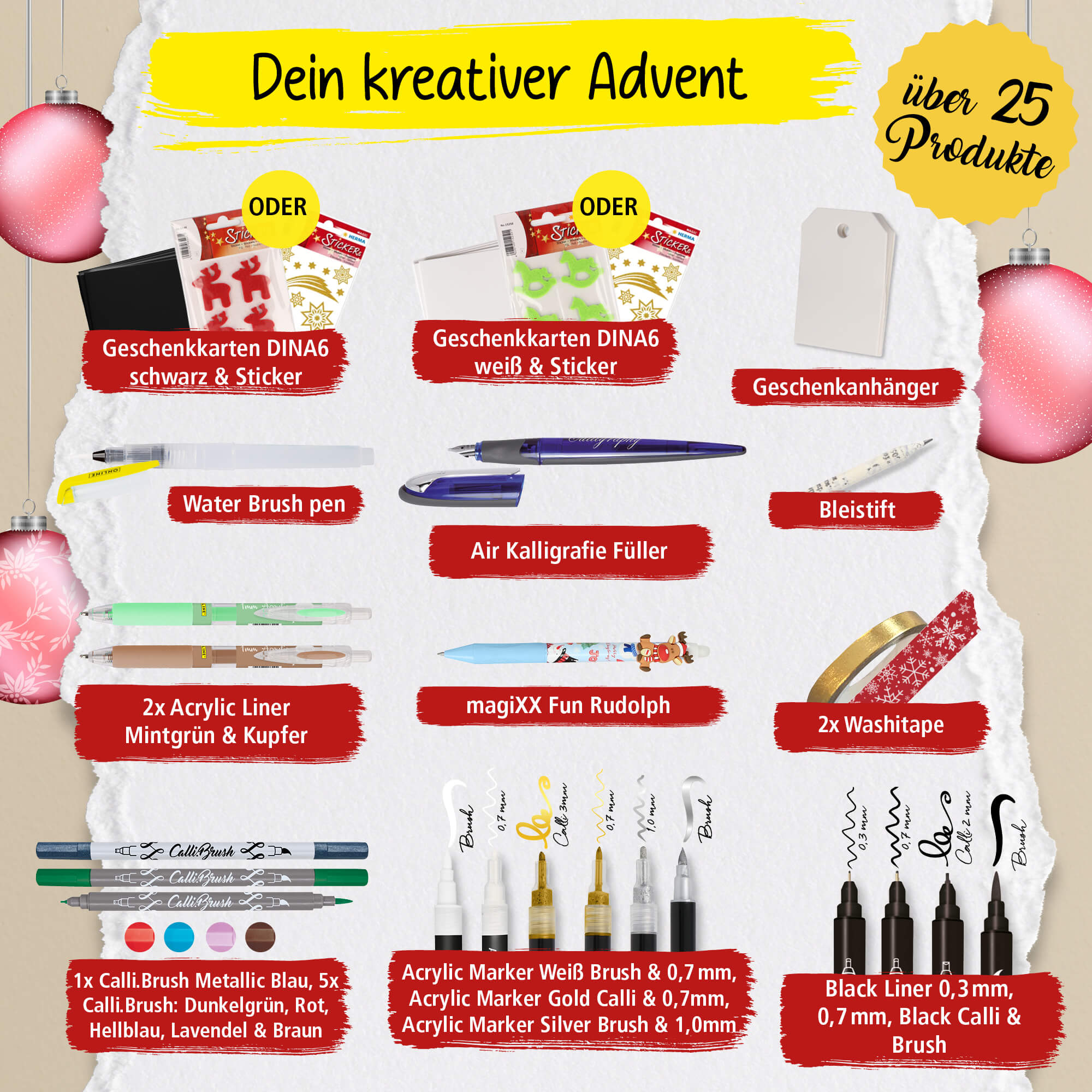Übersicht, was im Kalener enthalten ist. Über 25 Produkte, u.a. Geschenkkarten und Stifte