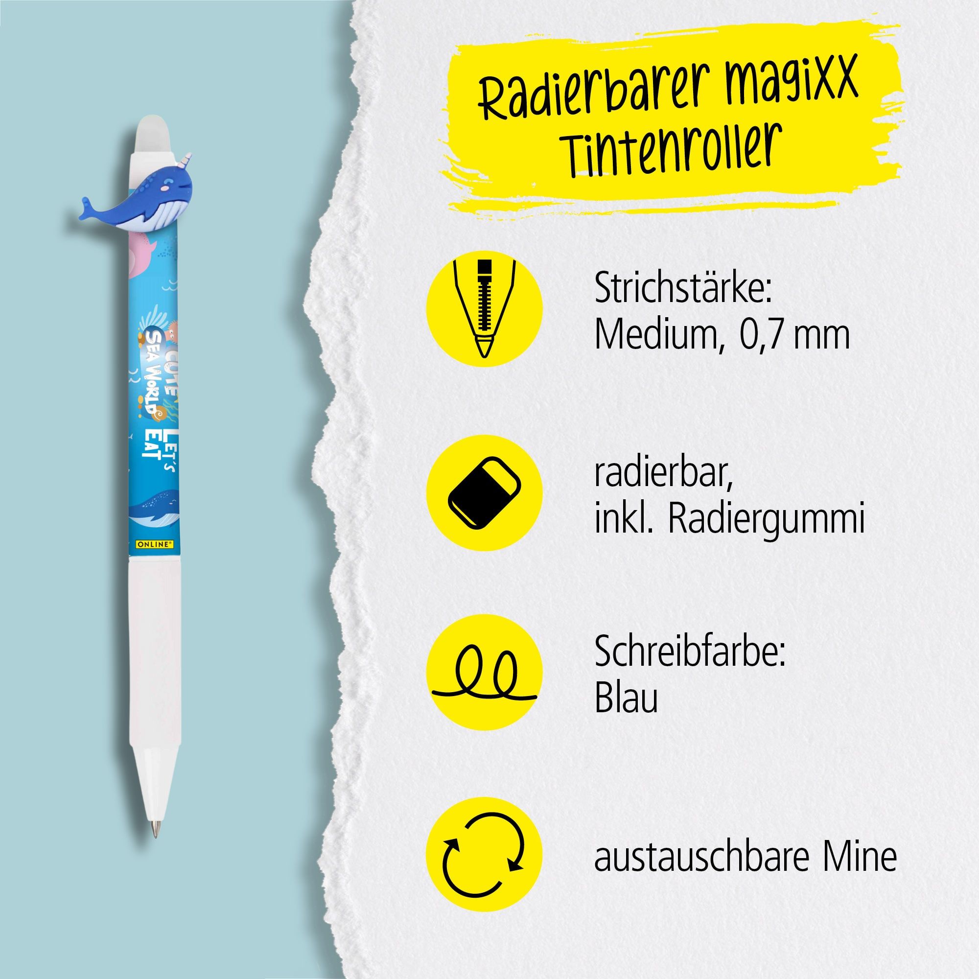 Eine austauschbare Mine und radierbare Tinte in der Schreibfarbe Blau zeichnet unsere magiXX aus