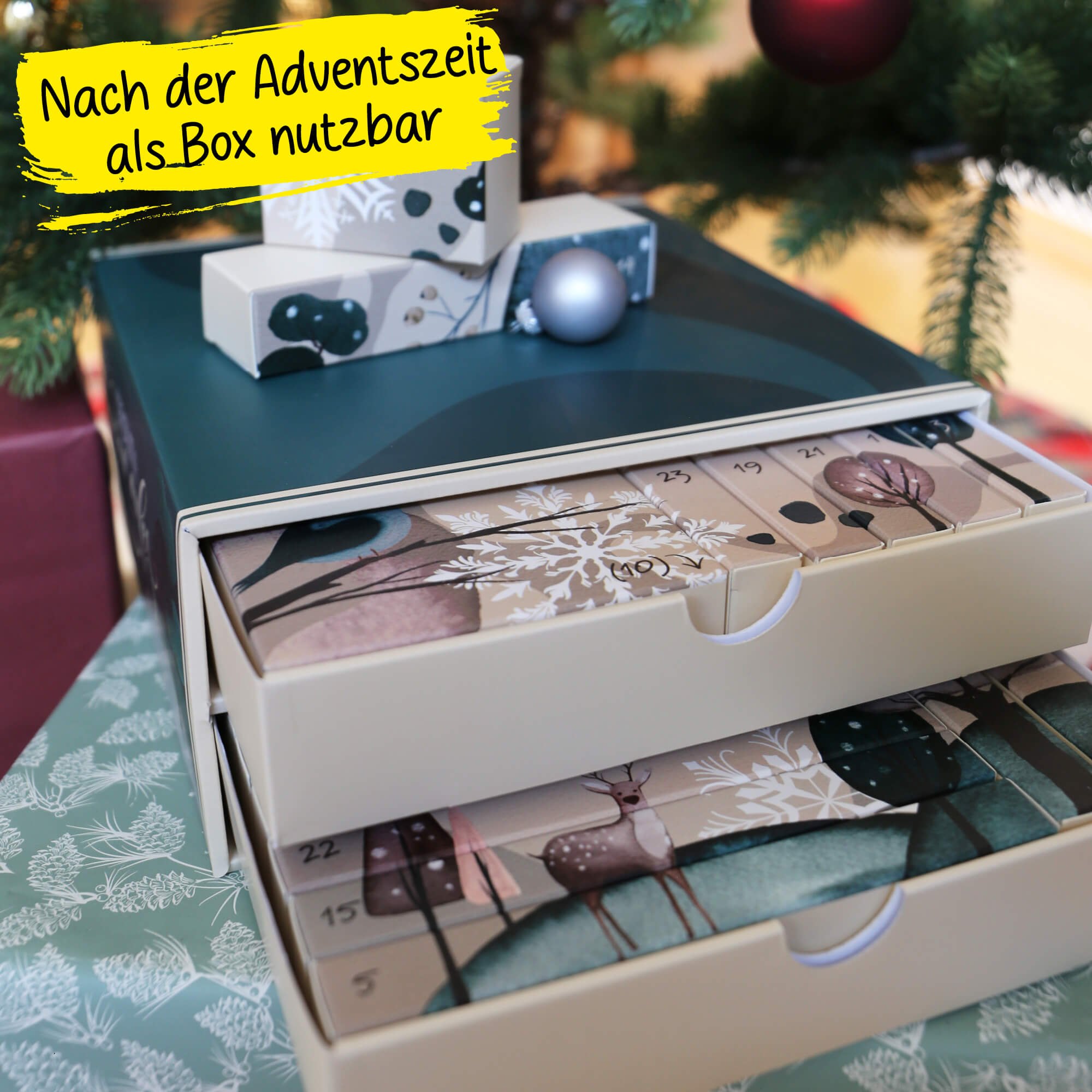 Kalender, beide Schubladen sind geöffnet, sodass man die Boxen innen sieht