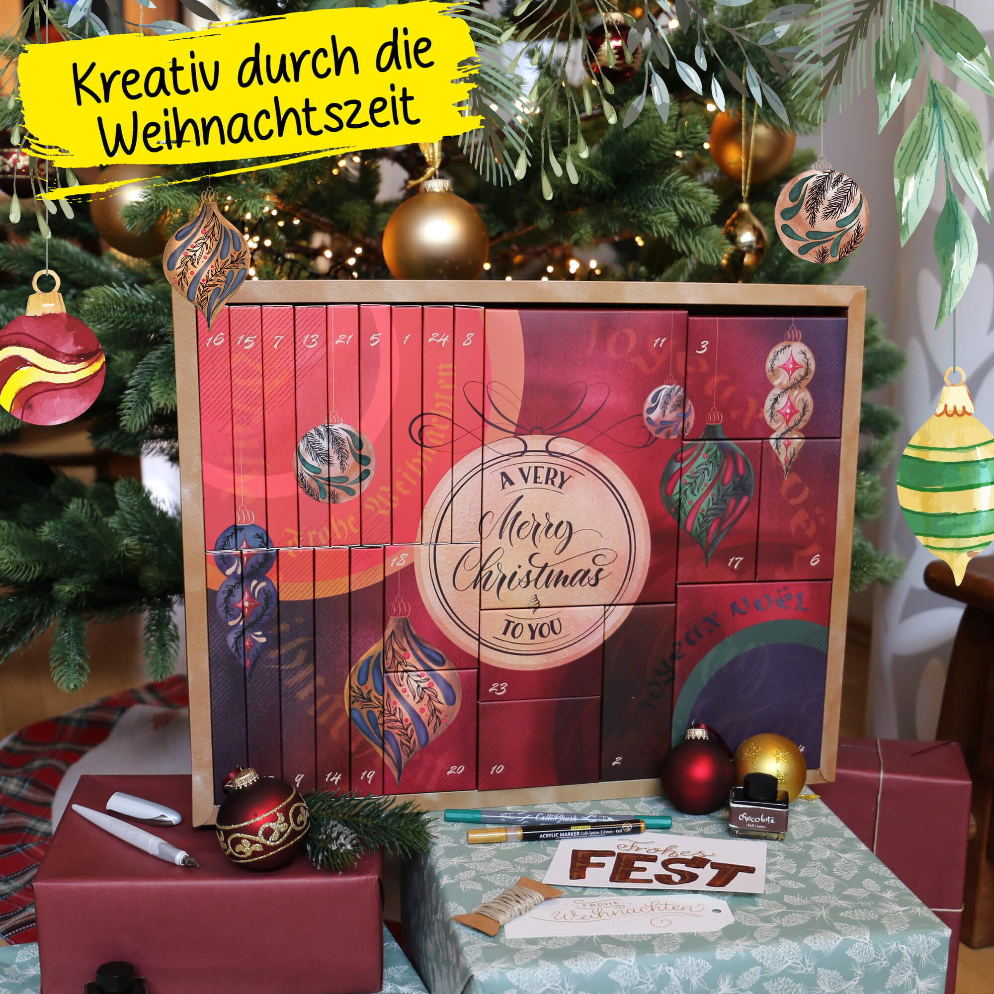Kalender steht vor Weihnachtsbaum, Vordergund sind Geschenke