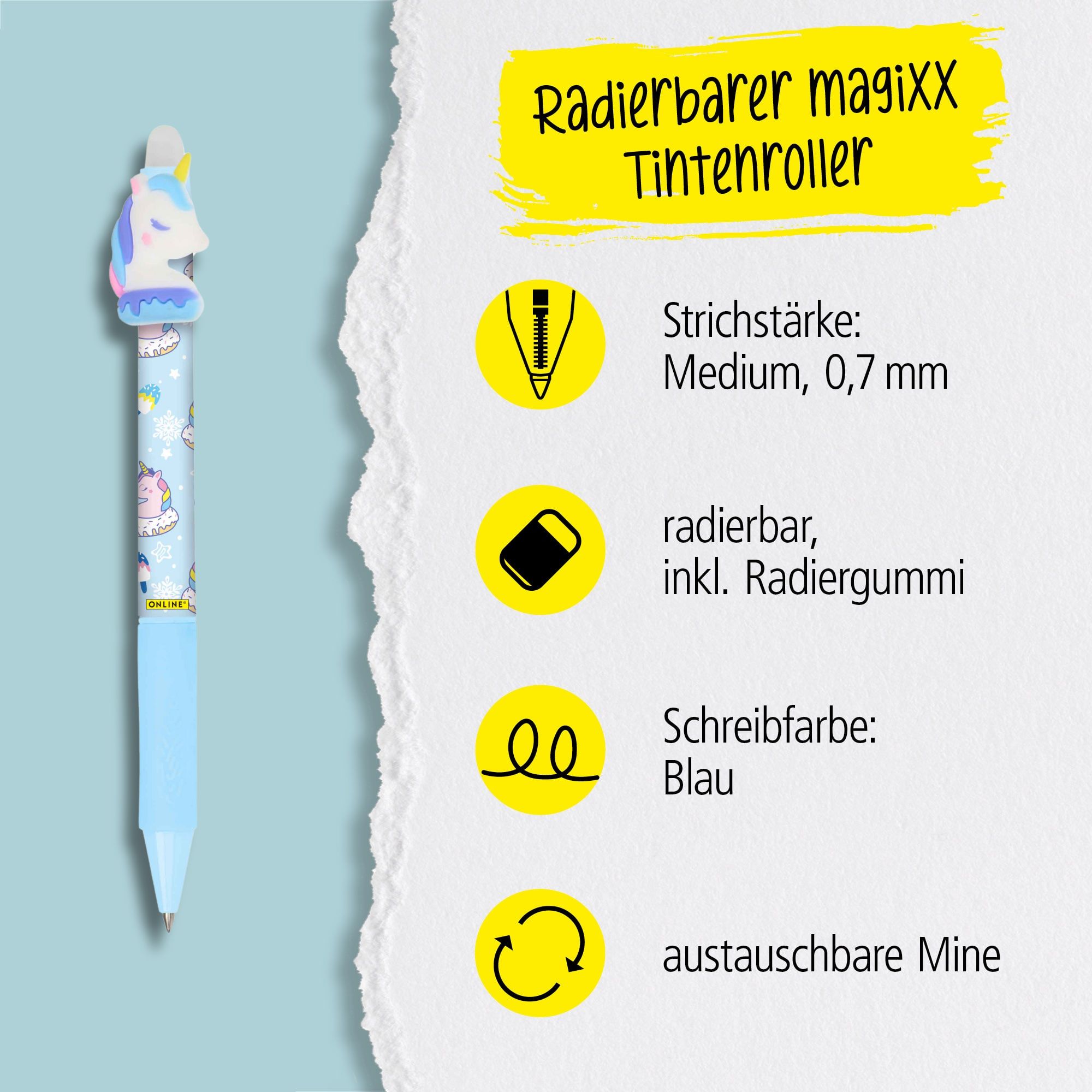 Eine austauschbare Mine und radierbare Tinte in der Schreibfarbe Blau zeichnet unsere magiXX aus