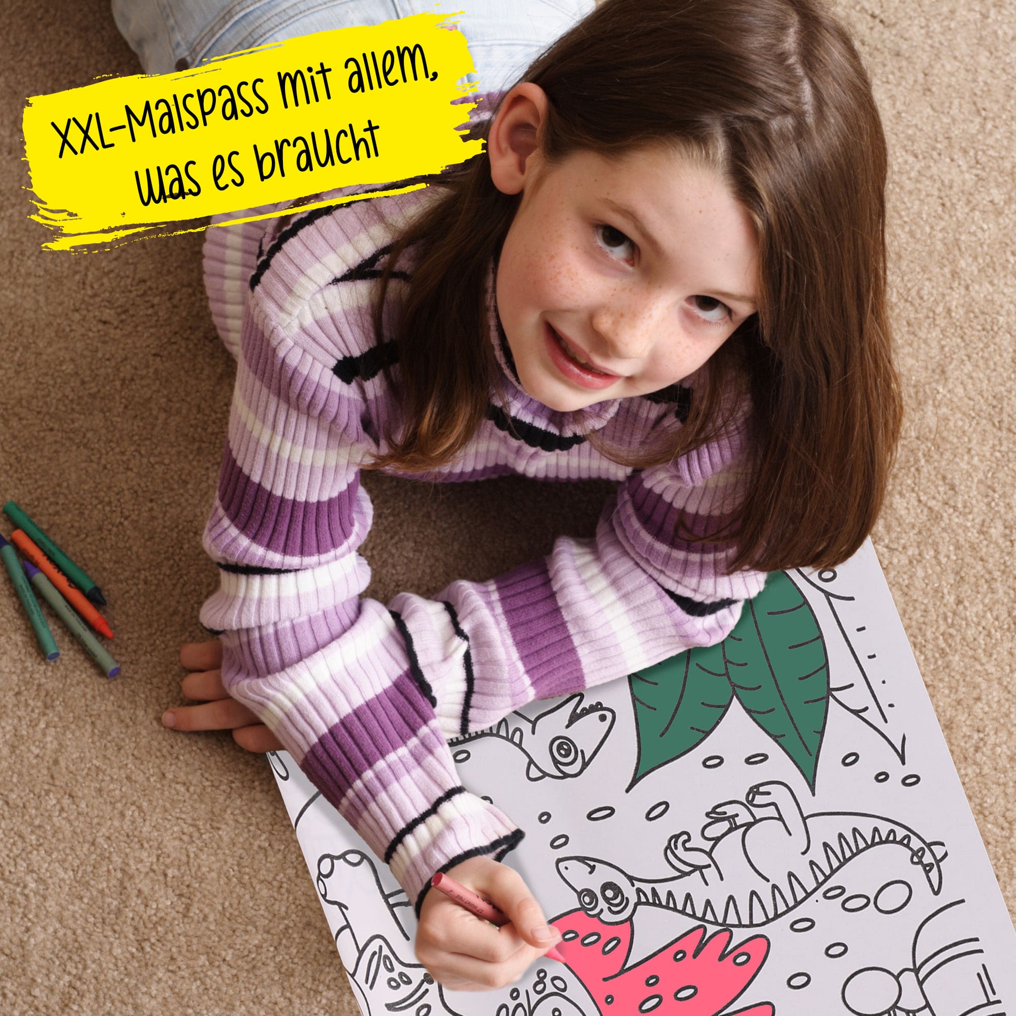 Buntstifte & Malrolle für Kinder zum Ausmalen, 30 x 200 cm, Selbstklebende Zeichenrolle mit Dino-Motiv