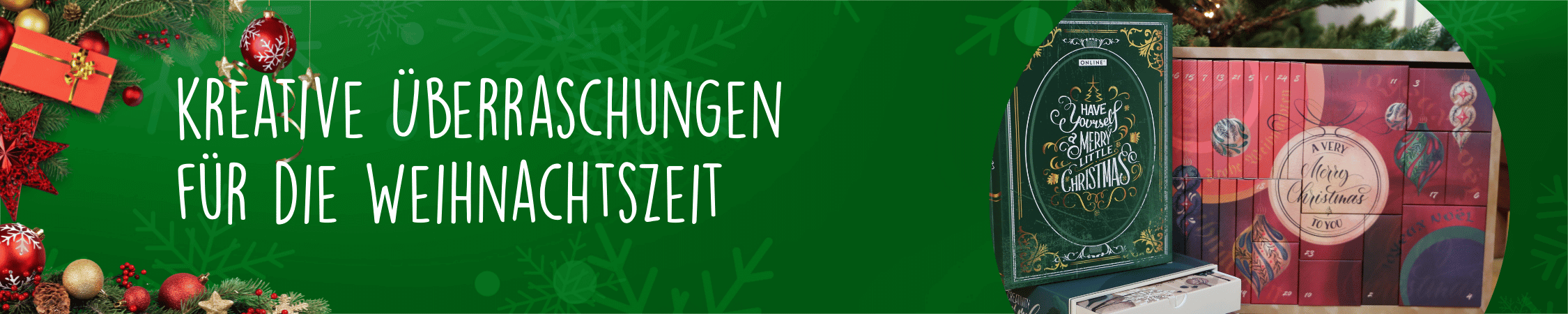 Banner zeigt Geschenke, drei ONLINE Adventskalender und den Text Kreative Überraschungen für die Weihnachtszeit
