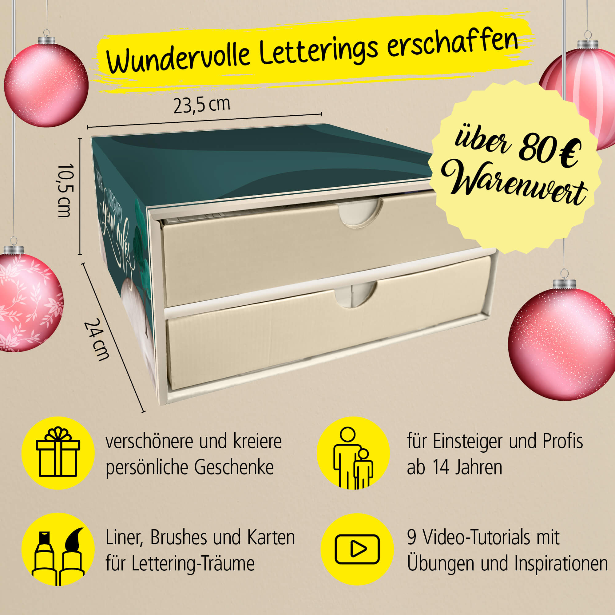Außenmaße des Kalender sind 23,5 x 10,5x 24 cm